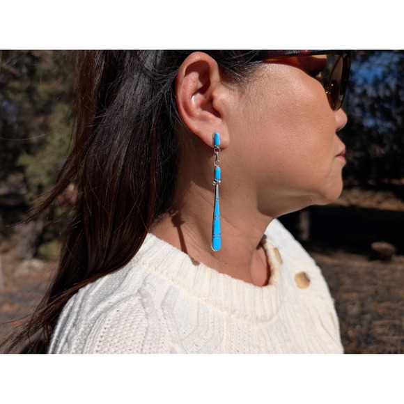 Zuni Dangle Earrings Signed Genuine Native Amer Jewelry Turquoise *** - Picture 3 of 10